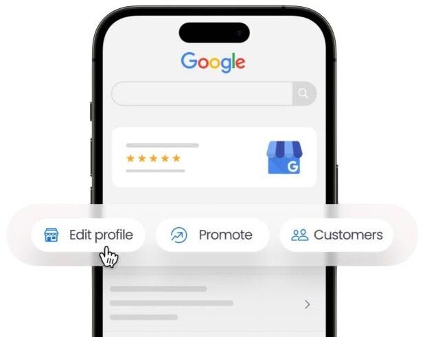 A phone with Google Business Profile manager open to optimise the profile for local visibility
